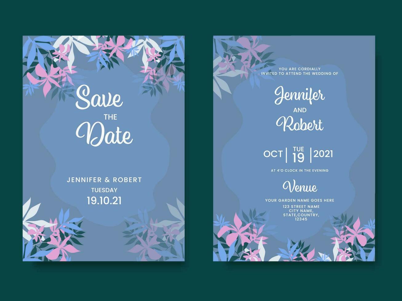 floral Boda invitación tarjeta y salvar el fecha modelo en azul color. vector