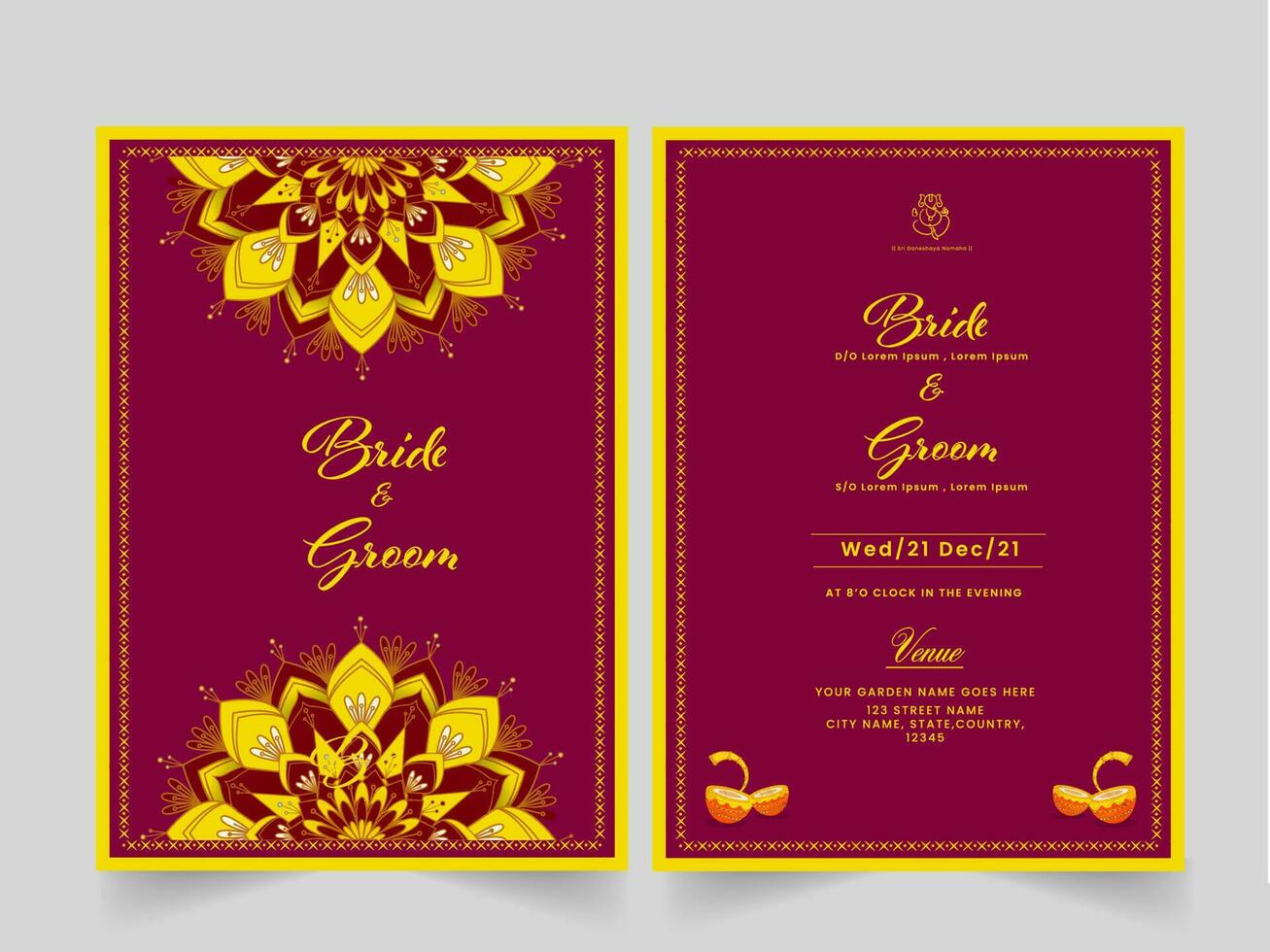 Boda invitación tarjeta o modelo diseño con evento detalles en rosado y amarillo color. vector