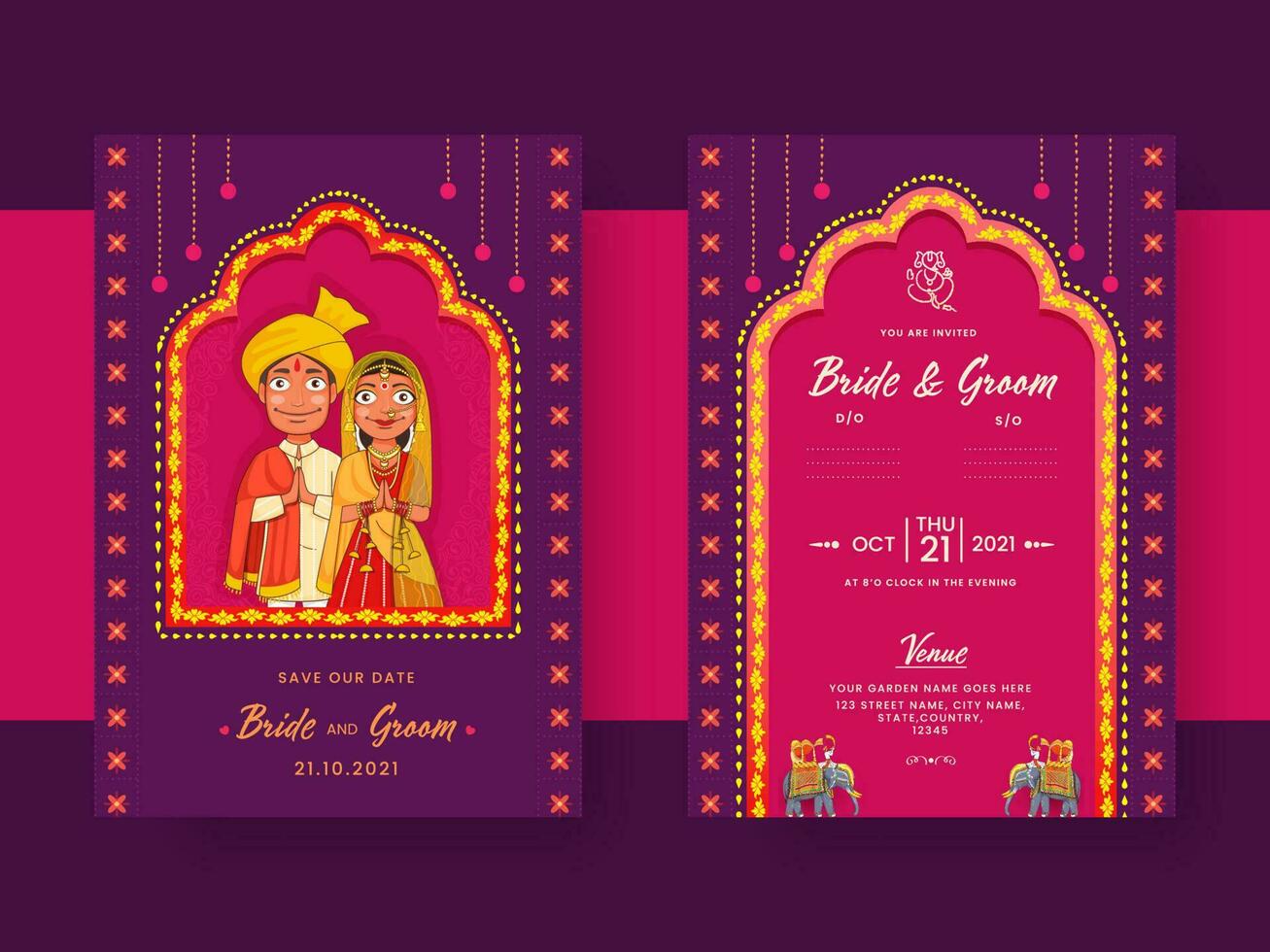 Indian Wedding Invitation Card With Hindu Bridegroom Character In Purple And Pink Color. vector