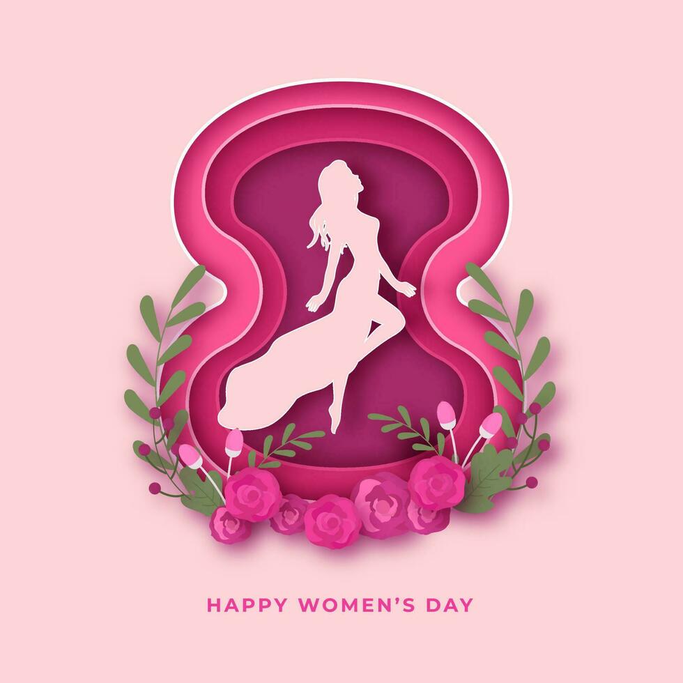 Happy Womens Day Greeting With Paper Layered Text 8 Decorated with Flowers and Young Lady. vector