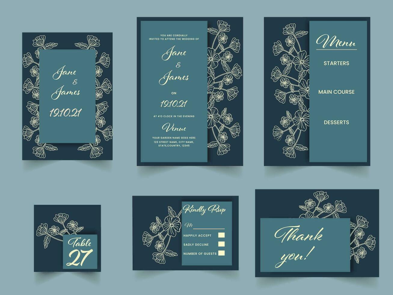 Beautiful Floral Wedding Invitation Suite In Teal Blue Color. vector