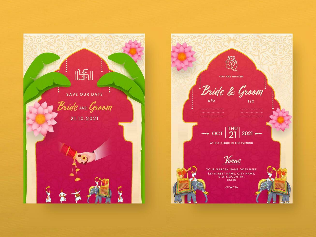 Indian Wedding Invitation Template Layout In Front And Back View On Yellow Background. vector