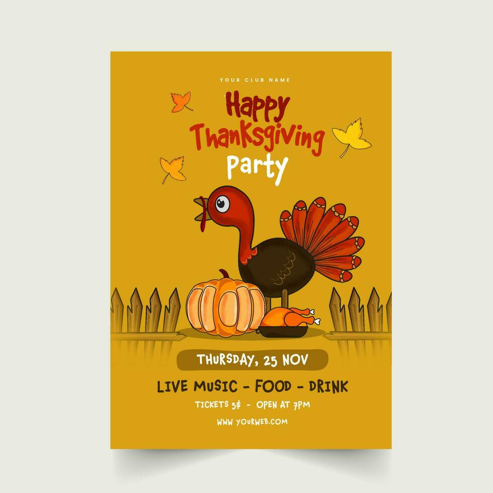 contento acción de gracias fiesta invitación tarjeta con dibujos animados Turquía pájaro, calabaza, asado pollo en amarillo antecedentes. vector