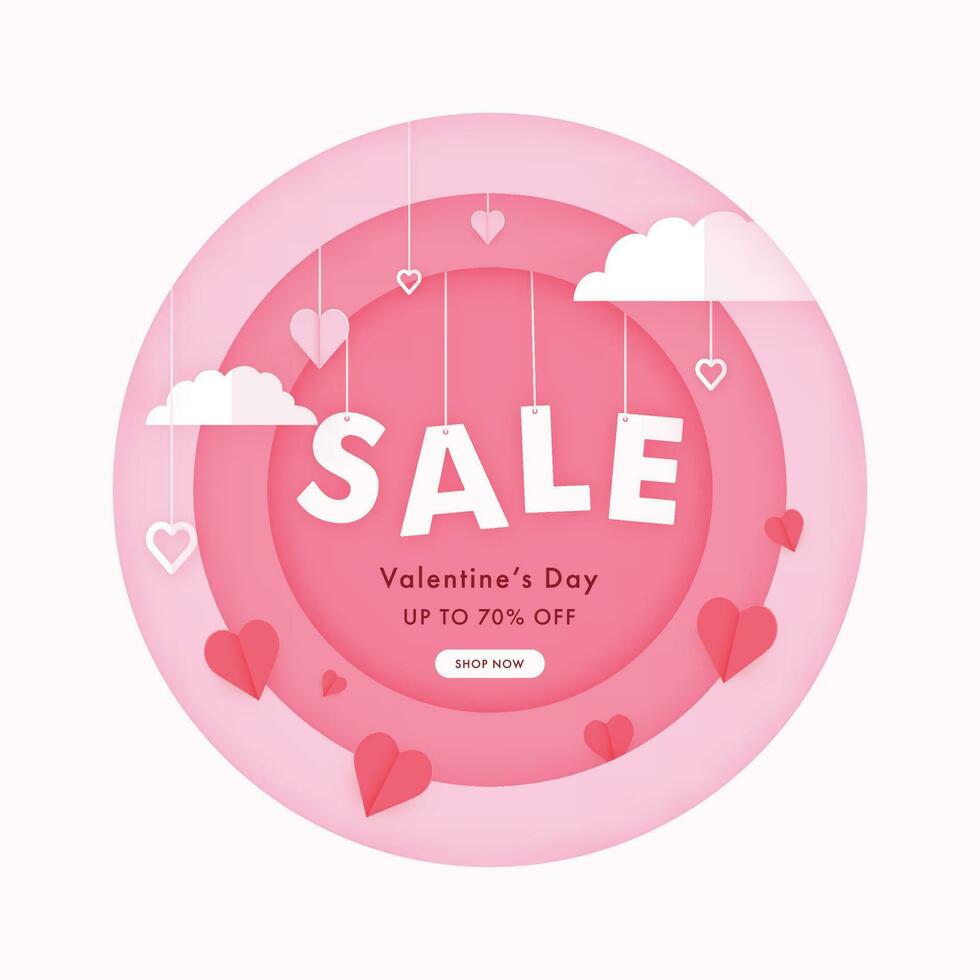 Valentine's Day Sale Poster Design With Paper Hearts, Clouds Hang On Pink And White Background. vector