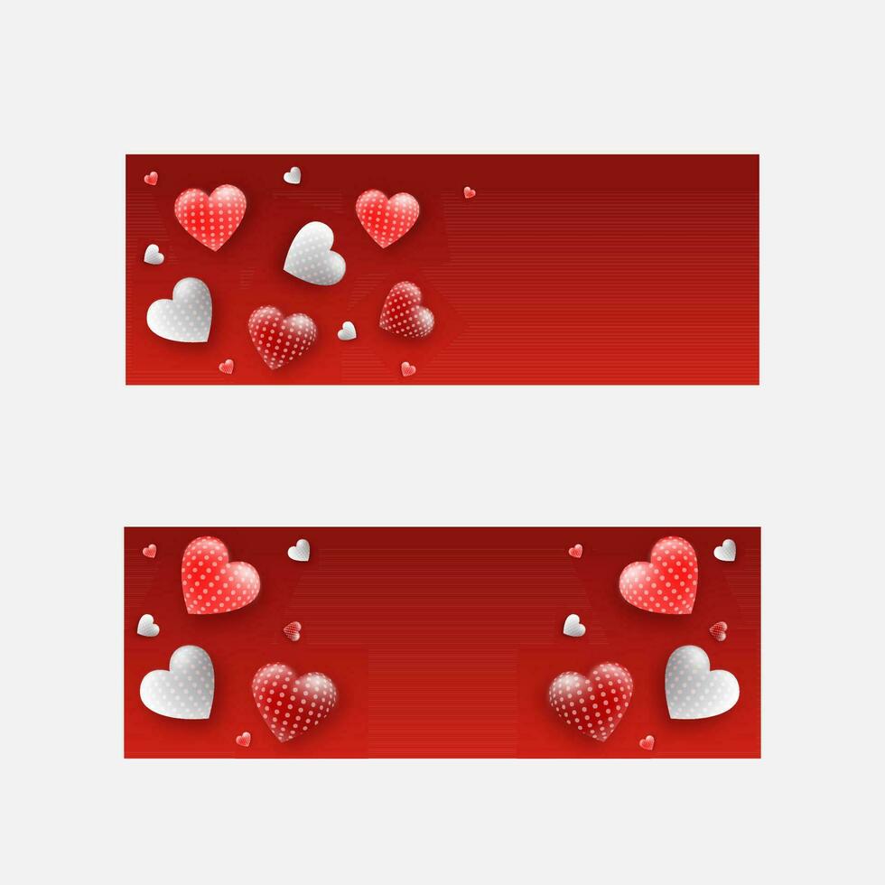 Top View Of Glossy Hearts Decorated On Red Background In Two Options. vector