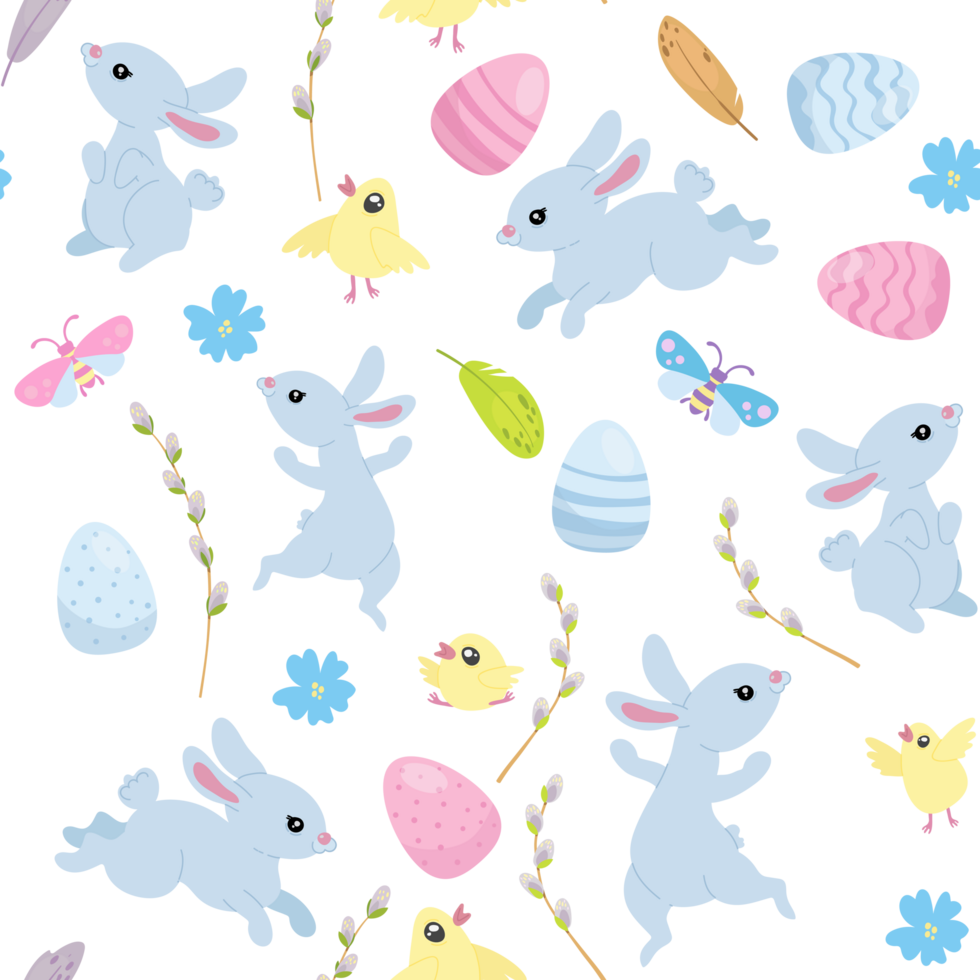 Happy Easter seamless pattern, cute blue bunnies and Easter eggs, willow trees, baby yellow chickens, bugs png