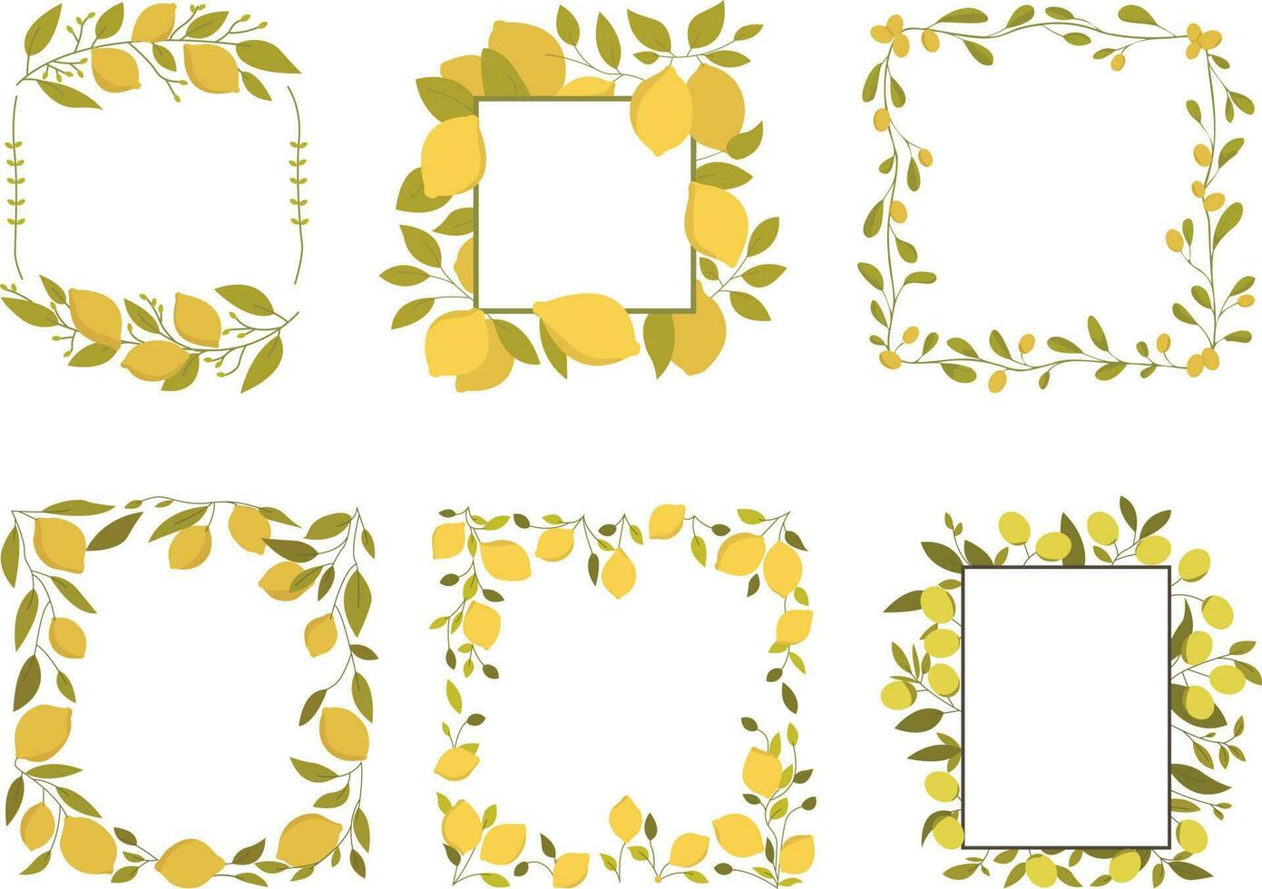 Set of floral frames with yellow flowers and leaves. Vector illustration.