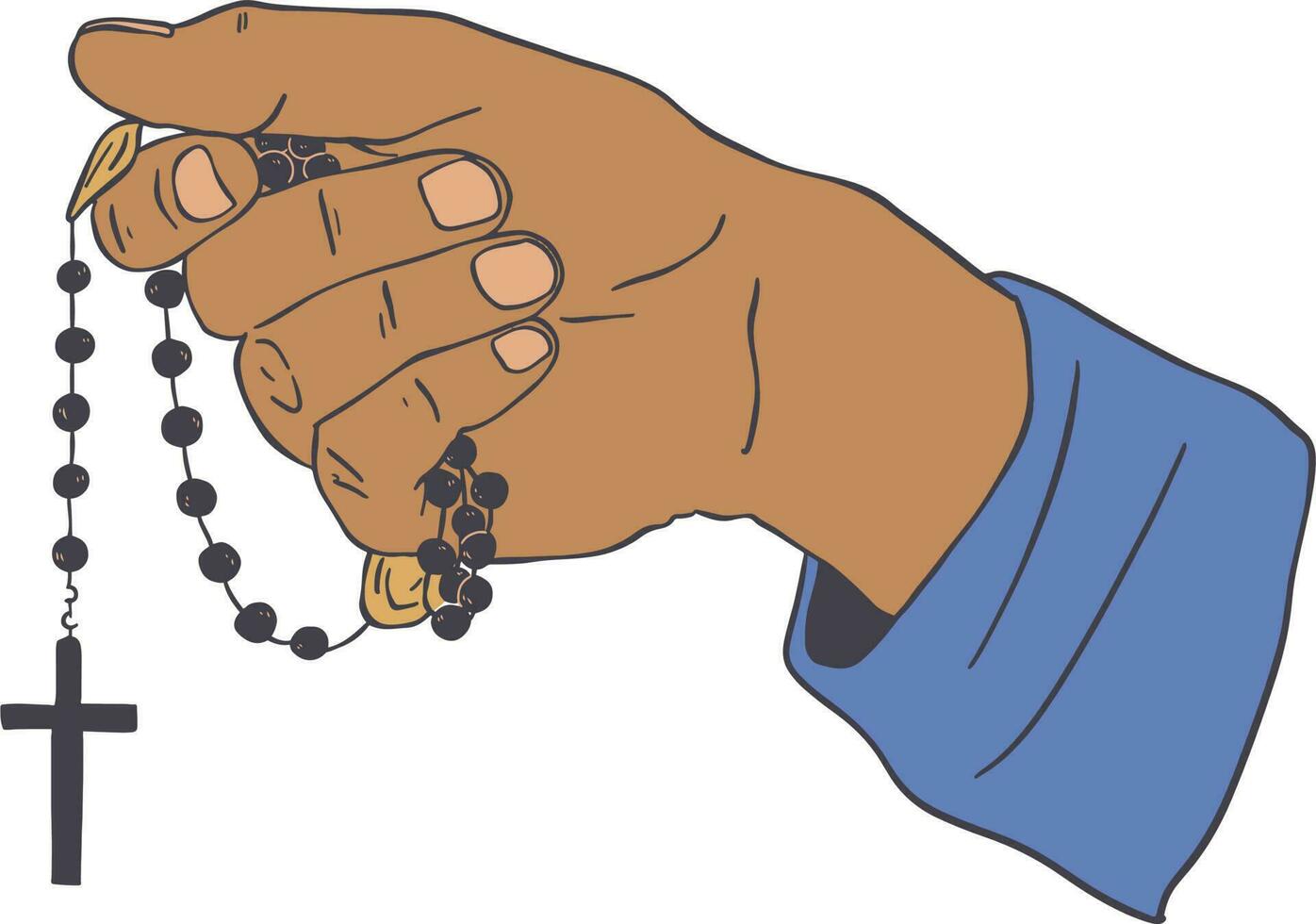 Hand holding rosary with cross on white background. Vector illustration.