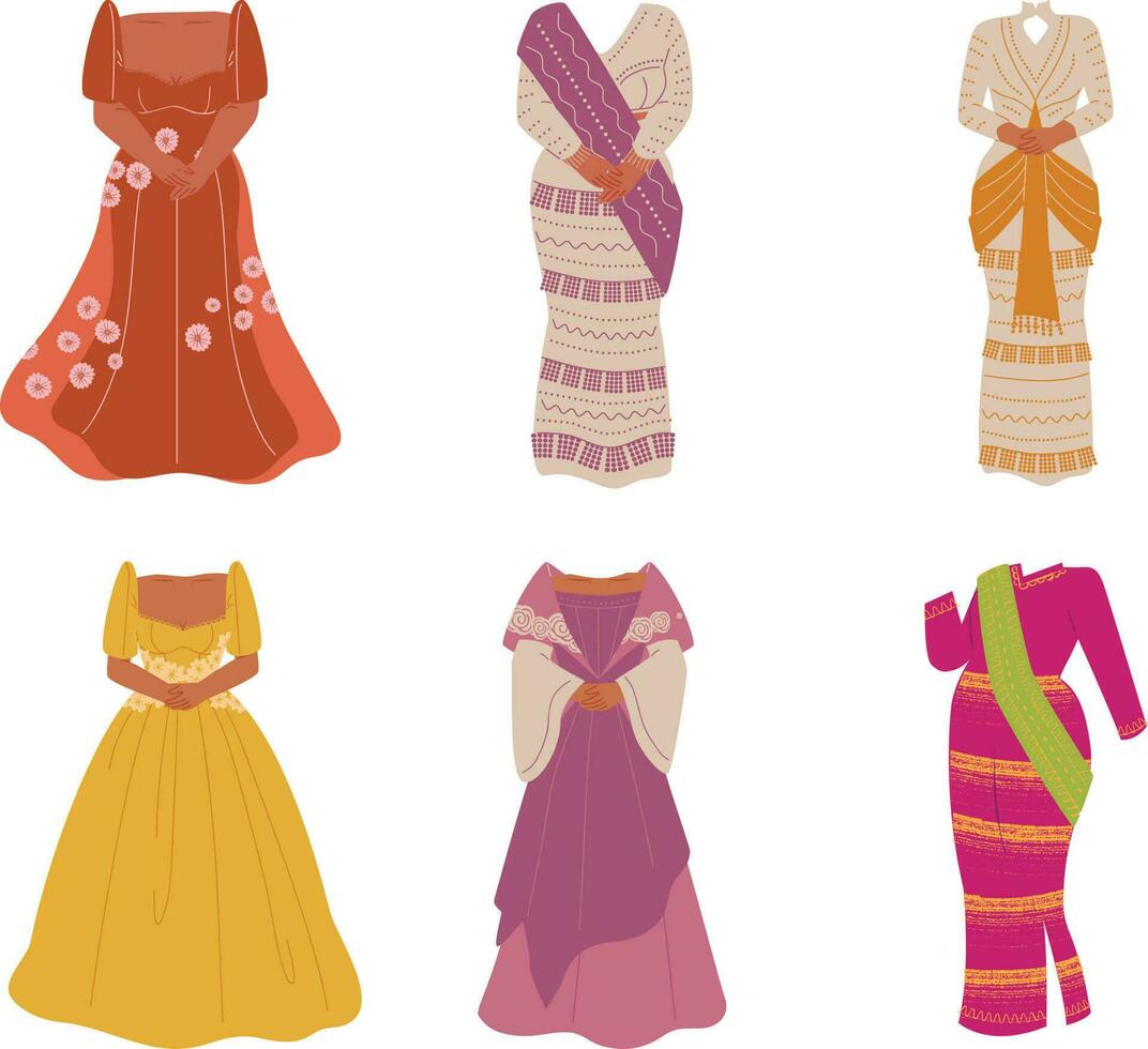 conjunto de De las mujeres vestidos y bufandas. vector ilustración en dibujos animados estilo.