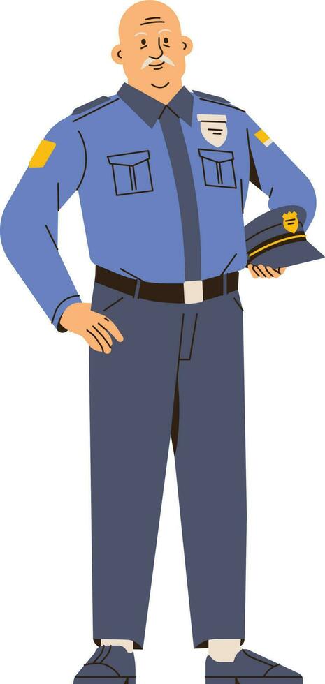Police officer in blue uniform standing with hands in pockets, cartoon vector illustration isolated on white background.