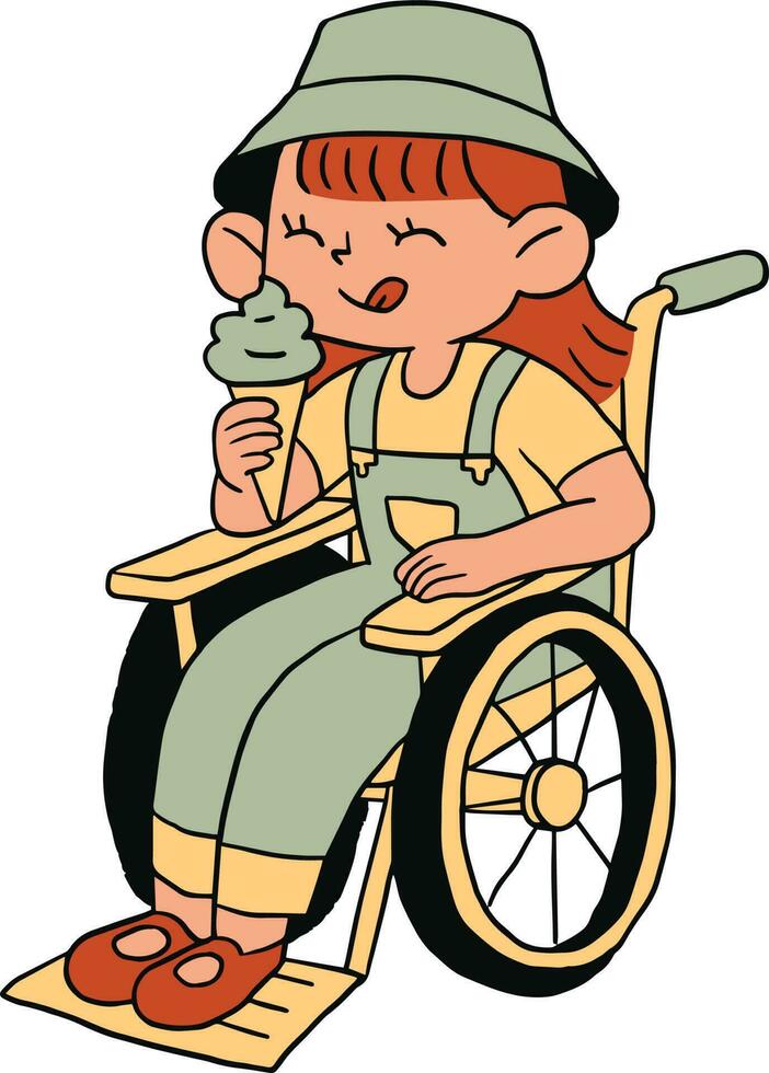 ilustración de un discapacitado niña en un silla de ruedas comiendo un hielo crema. vector