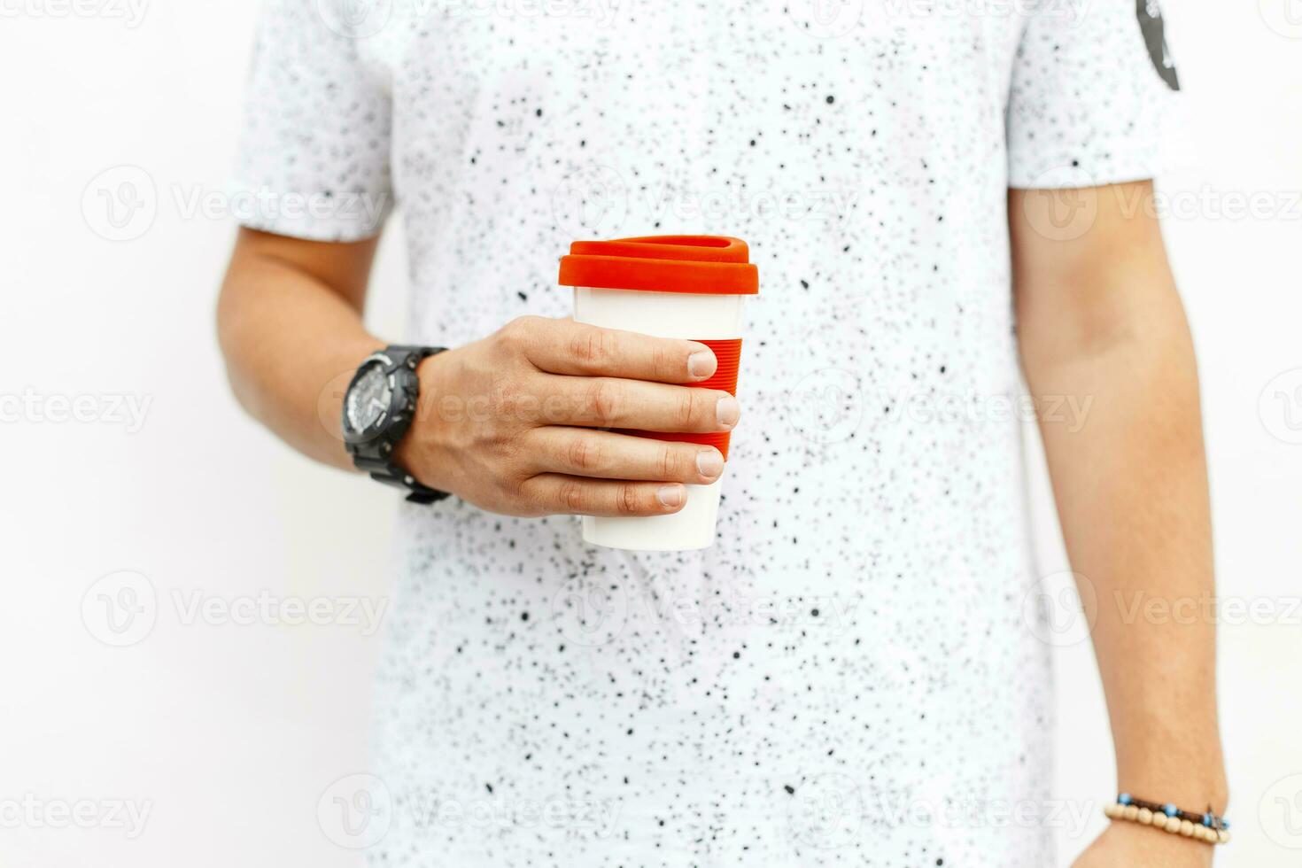 Close-up of cup with hot coffee. Hipsters drinking coffee. photo