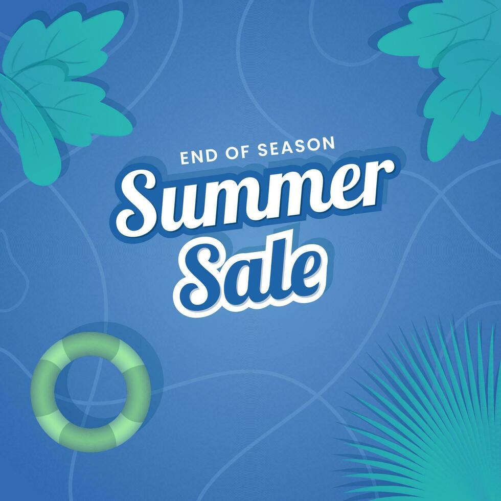 End Of Season Summer Sale Poster Design With Swimming Ring And Tropical Leaves On Blue Background. vector