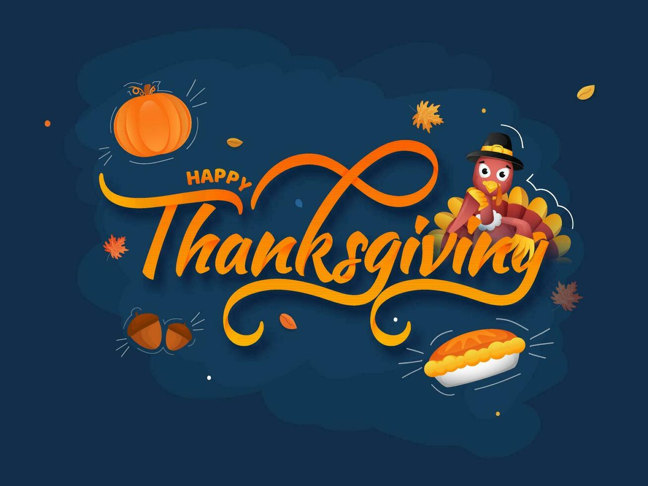 Happy Thanksgiving Font With Turkey Bird, Pumpkin, Pie Cake, Acorn And Maple Leaves On Blue Background. vector