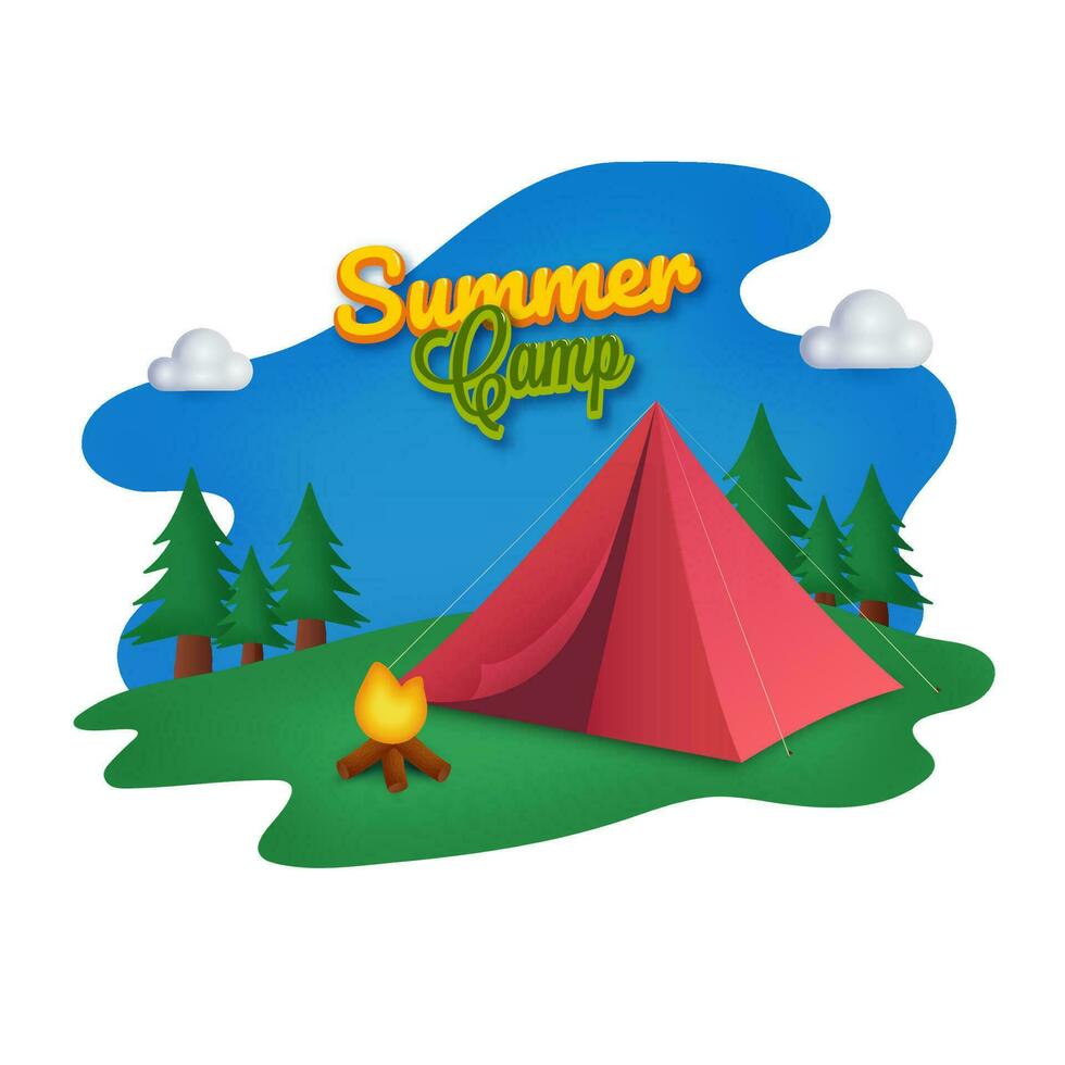 Summer Camp Poster Design With Bonfire, Red Tent And Trees On Abstract Background. vector