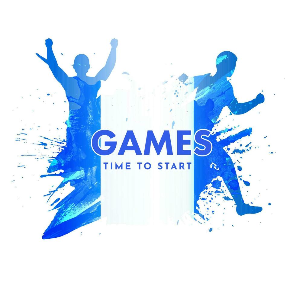 juegos hora a comienzo póster diseño con silueta atletismo y azul cepillo efecto en blanco antecedentes. vector