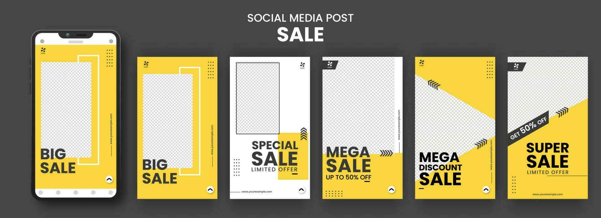 Collection Of Social Media Post Sale Template Layout With Smartphone Illustration In Yellow And White Color. vector