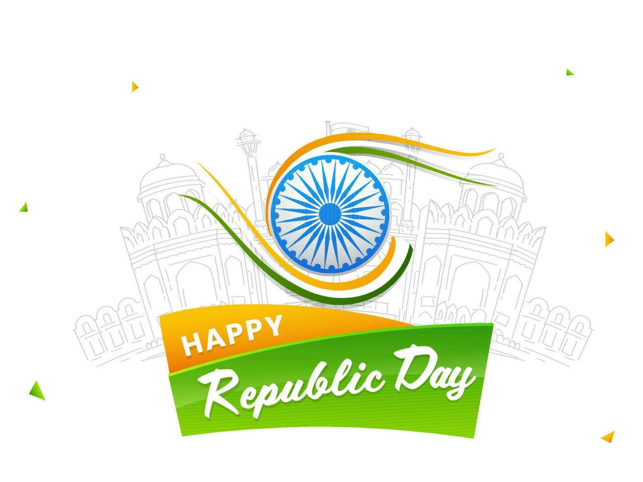 Happy Republic Day Font With Ashoka Wheel And Sketching Red Fort Monument On White Background. vector