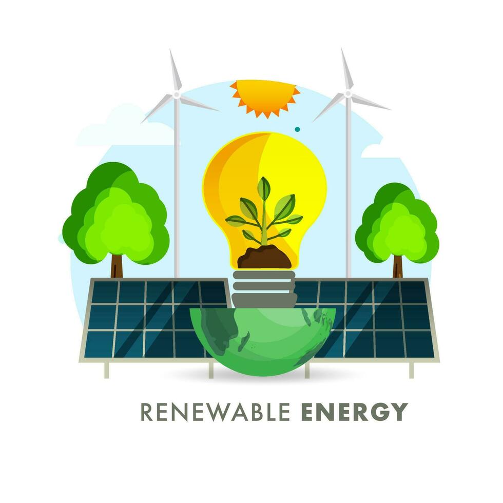 Renewable Energy Concept With Eco Bulb Over Half Globe, Solar Panel, Windmill And Tree On Sun Background. vector