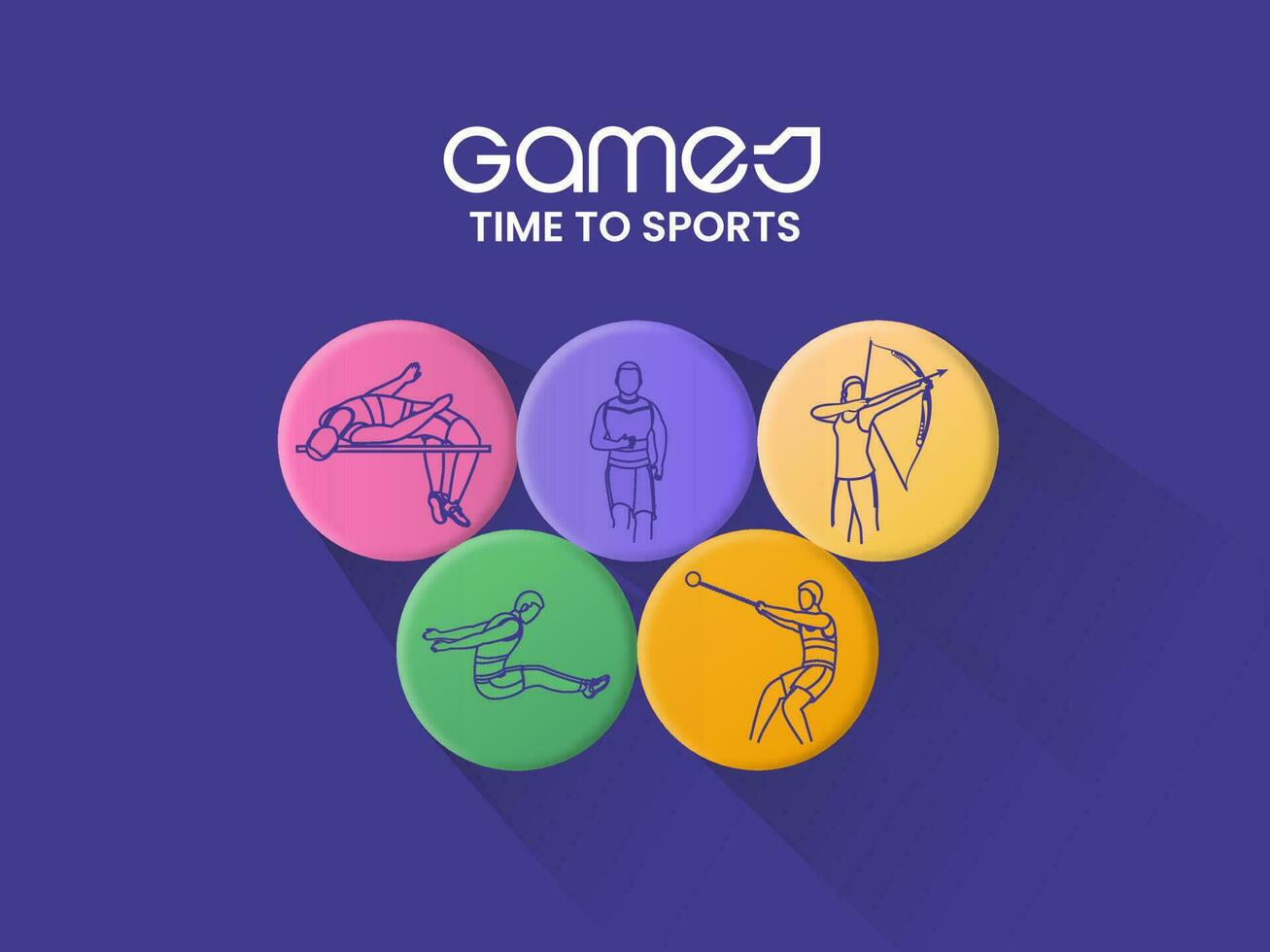Time To Sports Concept With Olympic Rings Of Different Athletes On Purple Background. vector
