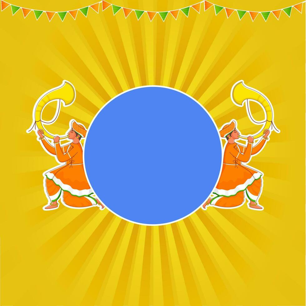 Illustration Of Traditional Attire Men Blowing Tutari Horn And Blue Empty Circle Frame Given For Text On Yellow Rays Background. vector
