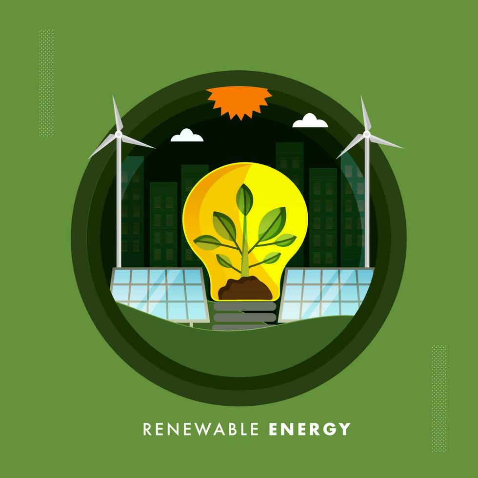 Renewable Energy Concept With Eco Bulb, Solar Panel, Windmill, Buildings And Sun On Green Background. vector