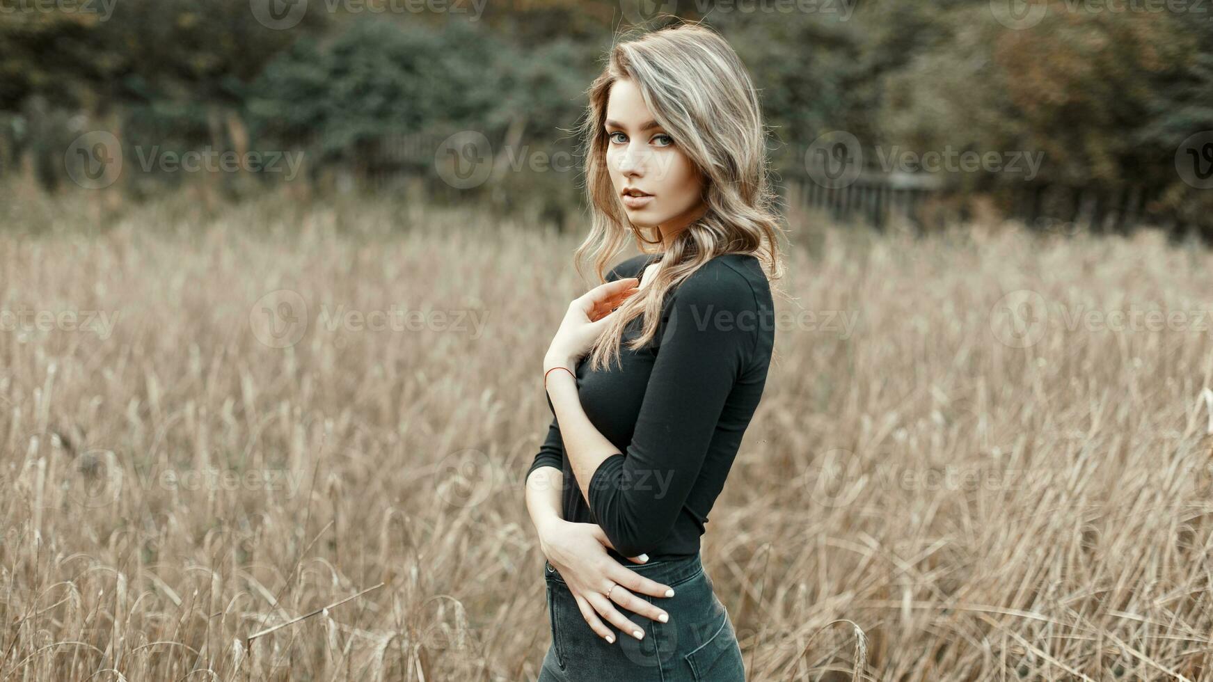 Sexy young woman in a black shirt standing in a corn field photo