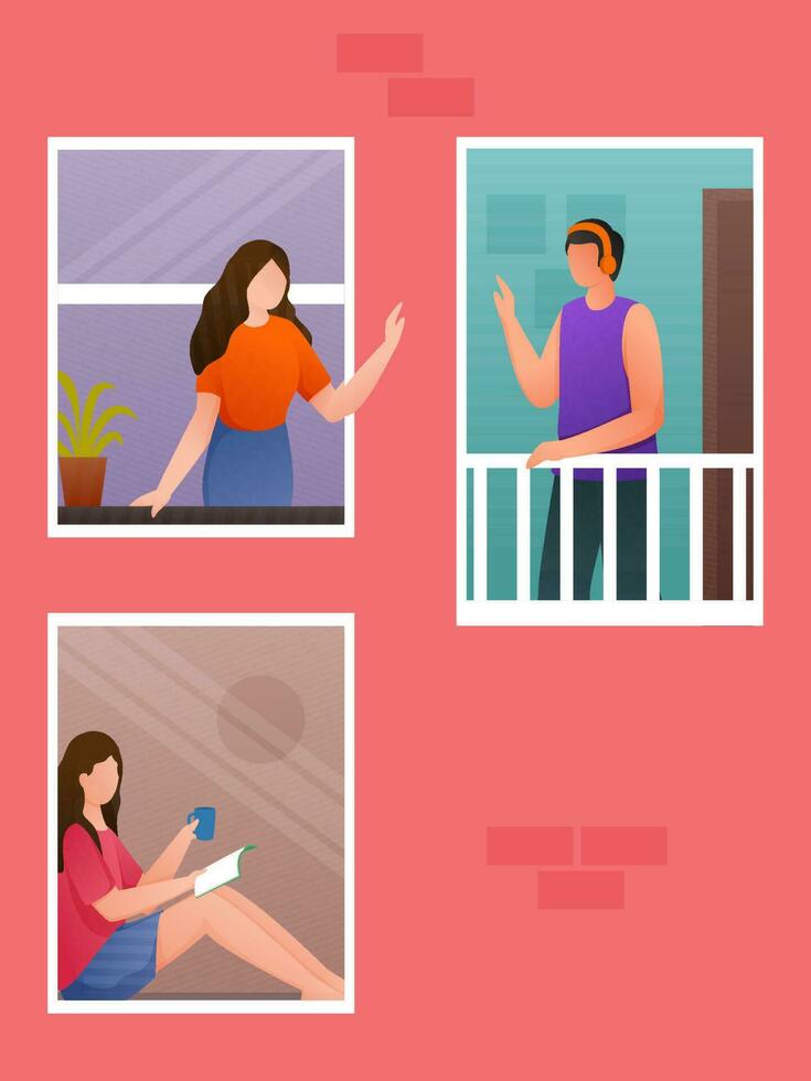 Illustration Of Neighbors At Their Balcony Or Windows On Red Background. vector