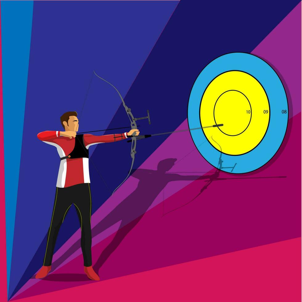 Archery Man Aiming Target To Dartboard On Blue And Pink Background. vector