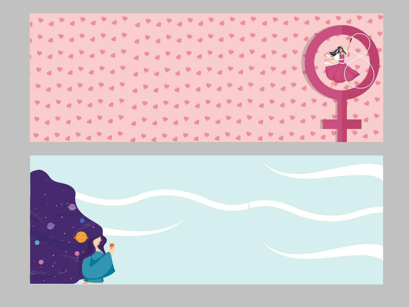 Advertising Header Or Banner Design With Young Woman Character And Venus Sign In Two Options. vector