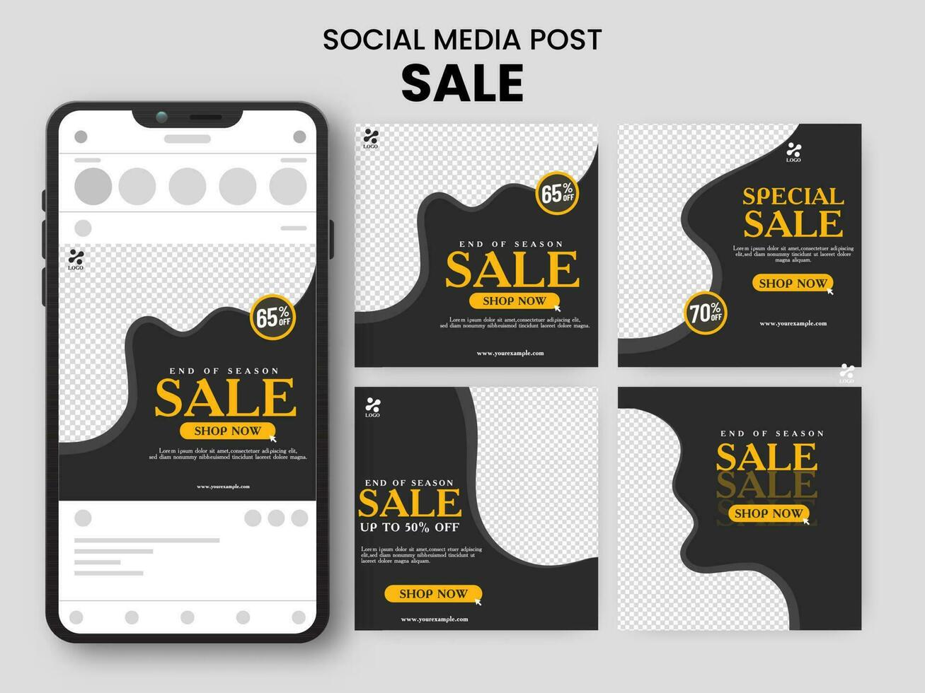 Set Of Social Media Carousel Post Sale With Smartphone Illustration On Gray Background. vector