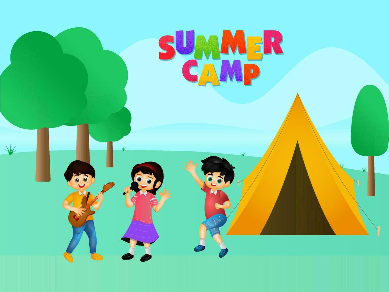 Colorful Summer Camp Text With Cartoon Kids Enjoying And Tent Illustration On Green Nature Background. vector