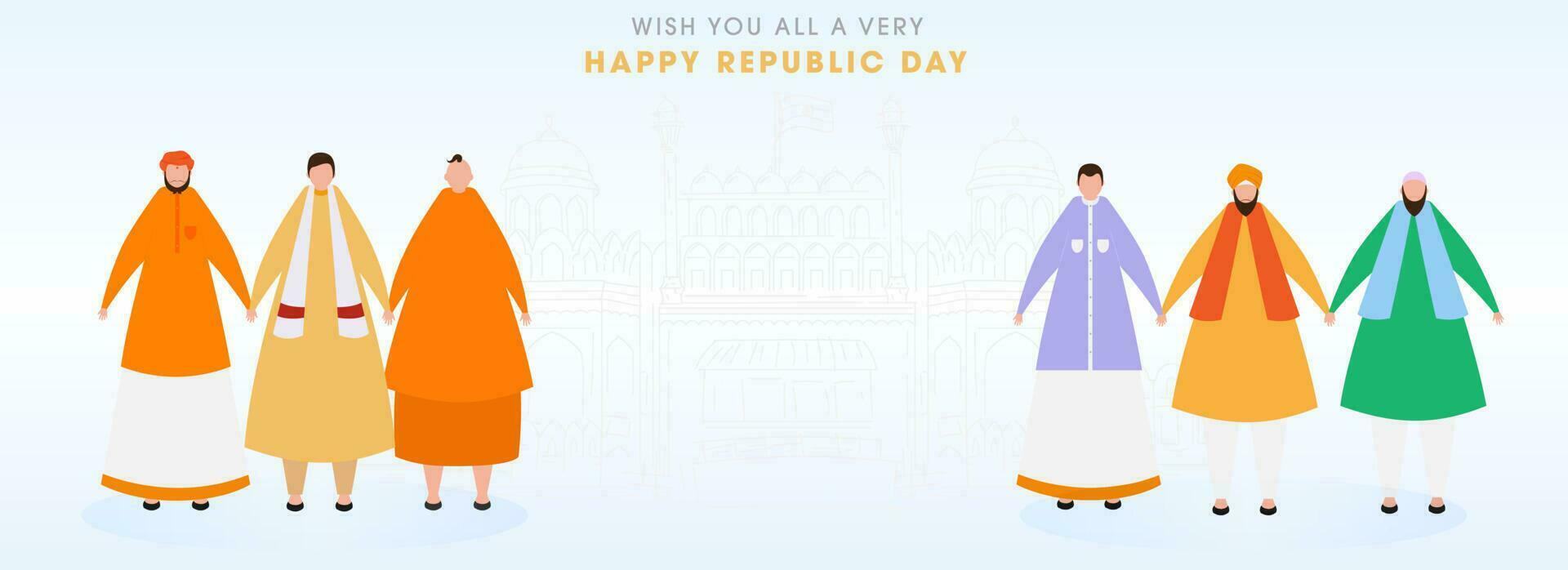 Wish You All A Very Happy Republic Day Text With Different Religion Men Holding Hands Each Other On White Line Art Red Fort Monument Background. vector