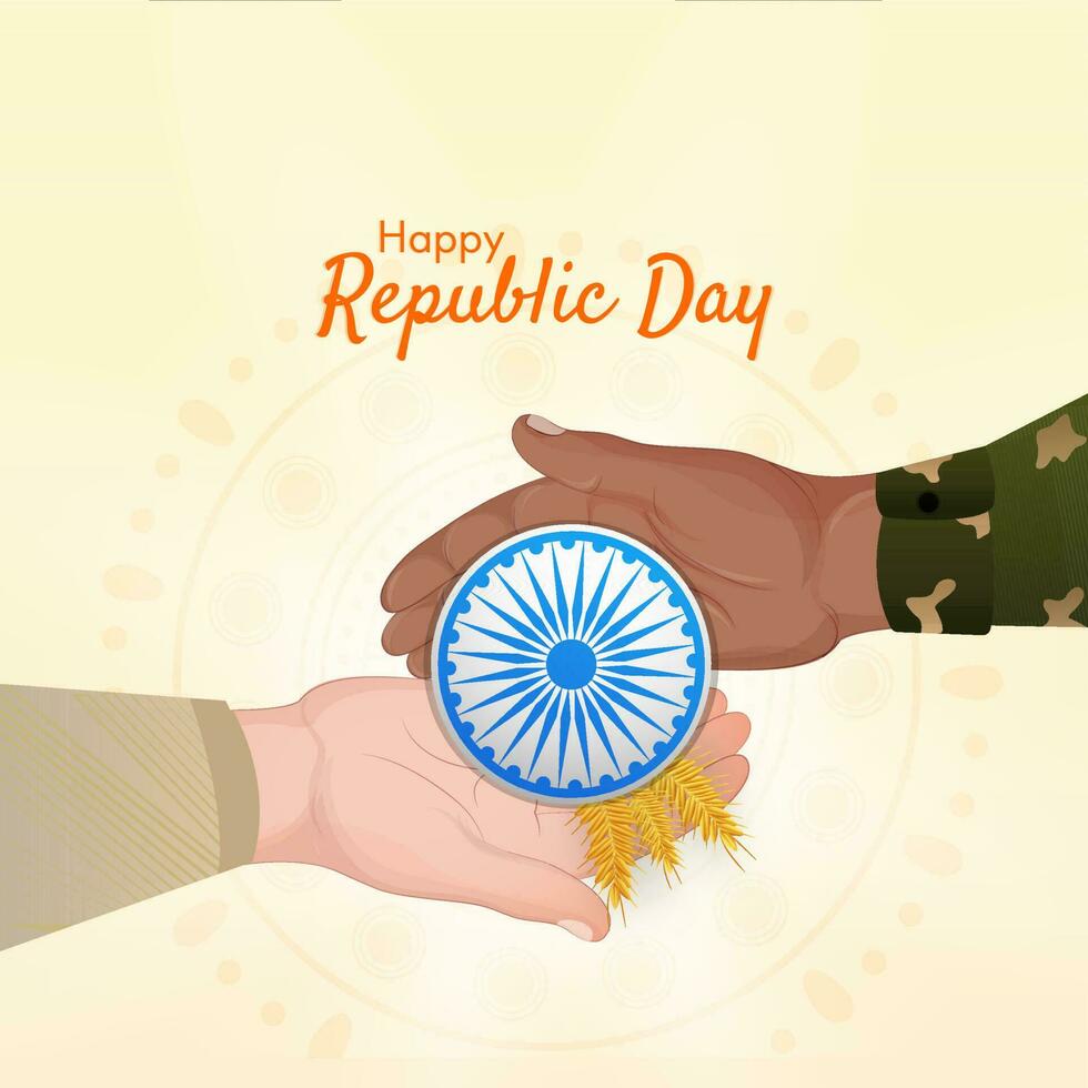 Happy Republic Day Concept With Human Hands Holding Ashoka Wheel, Wheat Ears On Yellow Background. vector