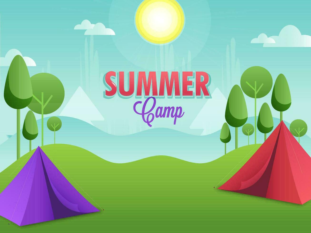 Summer Camp Concept With Two Color Tent On Sunshine Natural Landscape Background. vector