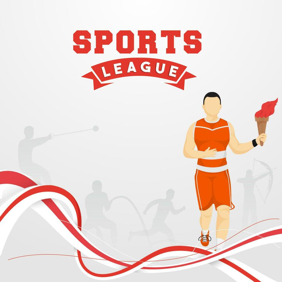 Sports League Concept With Faceless Athlete Man Holding Flaming Torch On White Background. vector