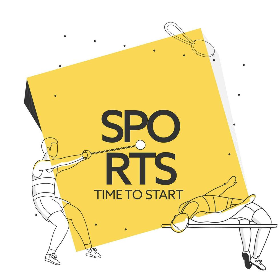 Sports Time To Start Poster Design With Line Art Athletics, Medal On Yellow And White Background. vector