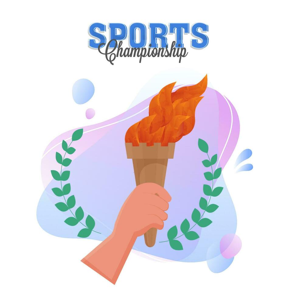 Deportes campeonato concepto con mano participación llameante antorcha y laurel guirnalda en blanco antecedentes. vector