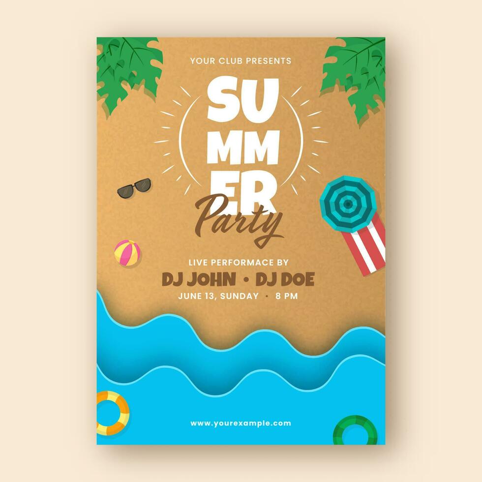 verano fiesta volantes, invitación tarjeta con playa elementos en marrón y azul antecedentes. vector