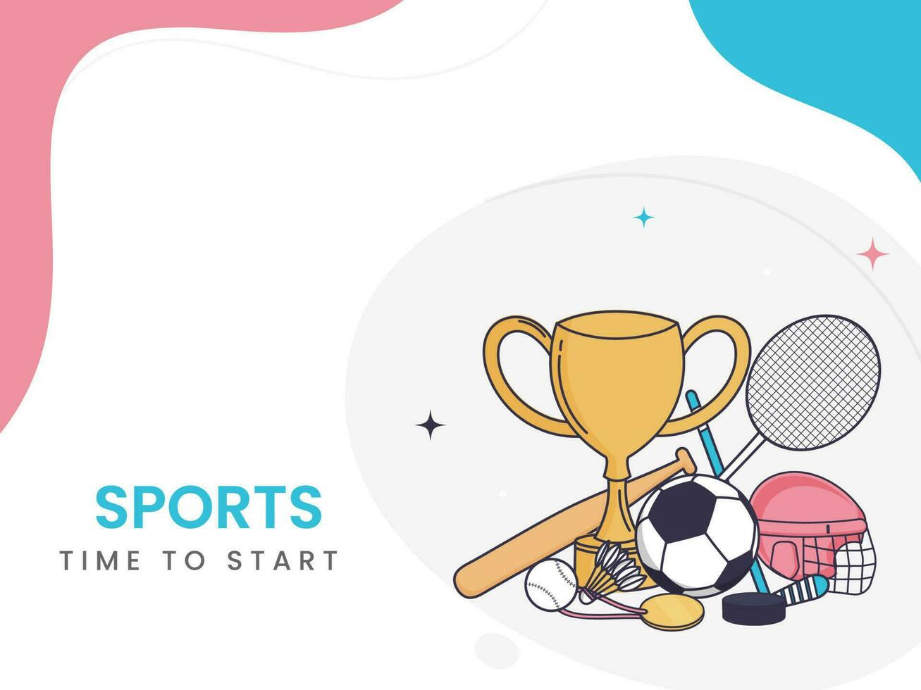 Sports Time To Start Poster Design With Trophy Cup And Game Equipments On White Background. vector