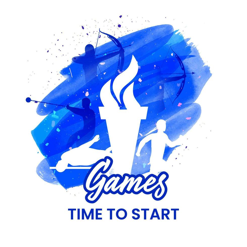 Games Time To Start Concept With Flaming Torch, Silhouette Various Athletics And Blue Brush Effect On White Background. vector