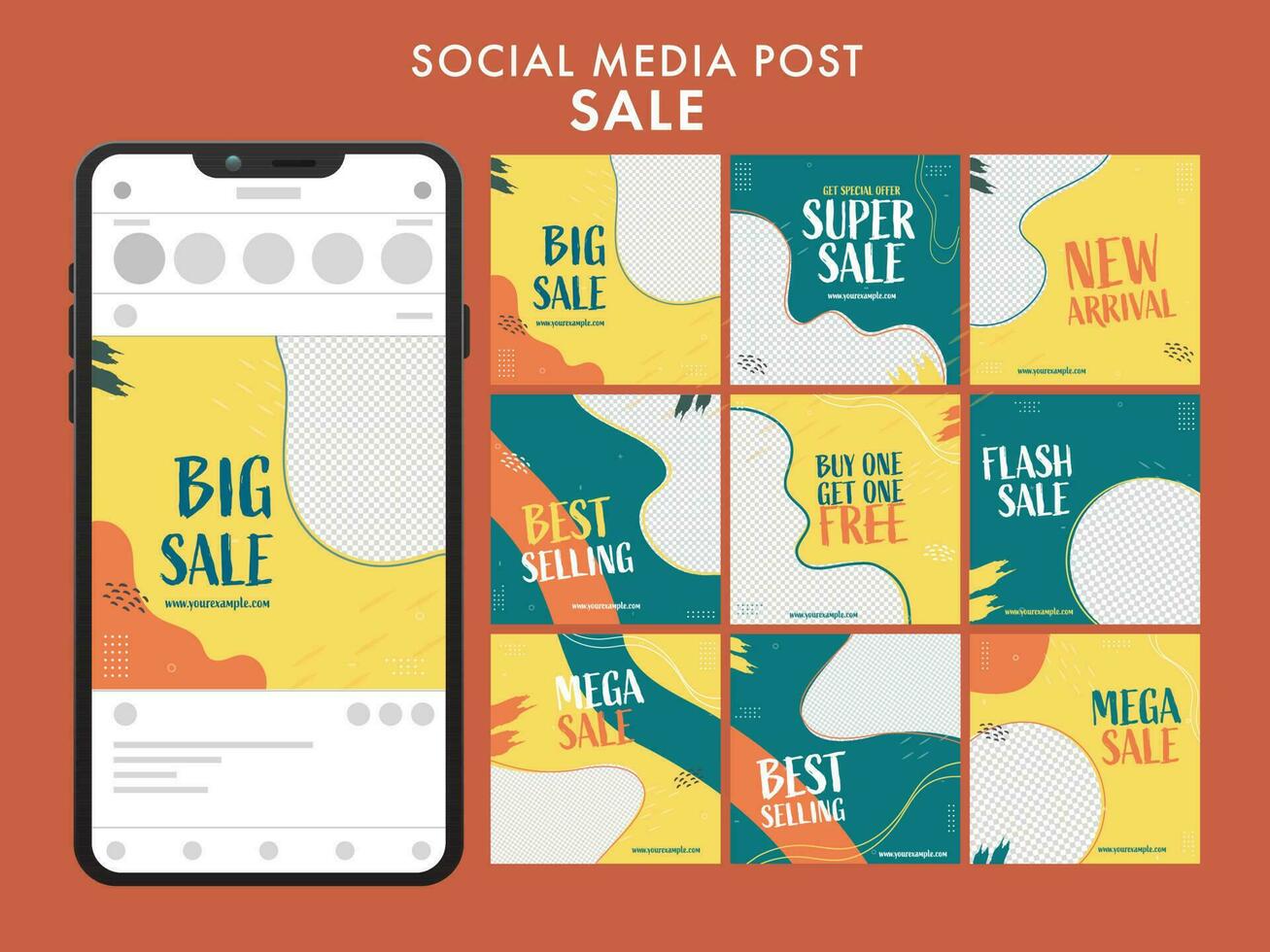 Set Of Social Media Carousel Post Sale With Smartphone Illustration On Brown Background. vector