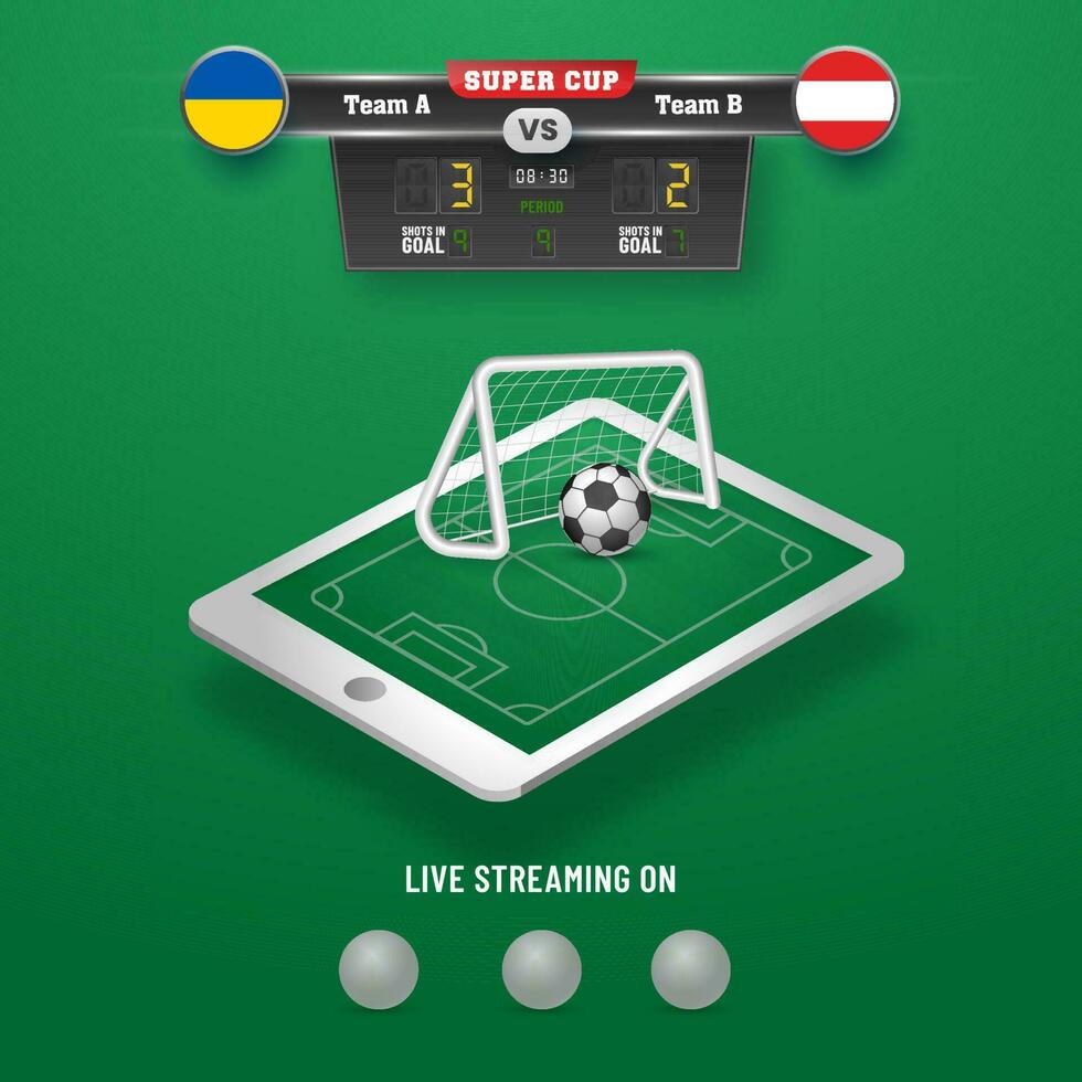 Football Scoreboard Of Participate Team Ukraine VS Austria And 3D Soccer Field On Smartphone Screen. vector