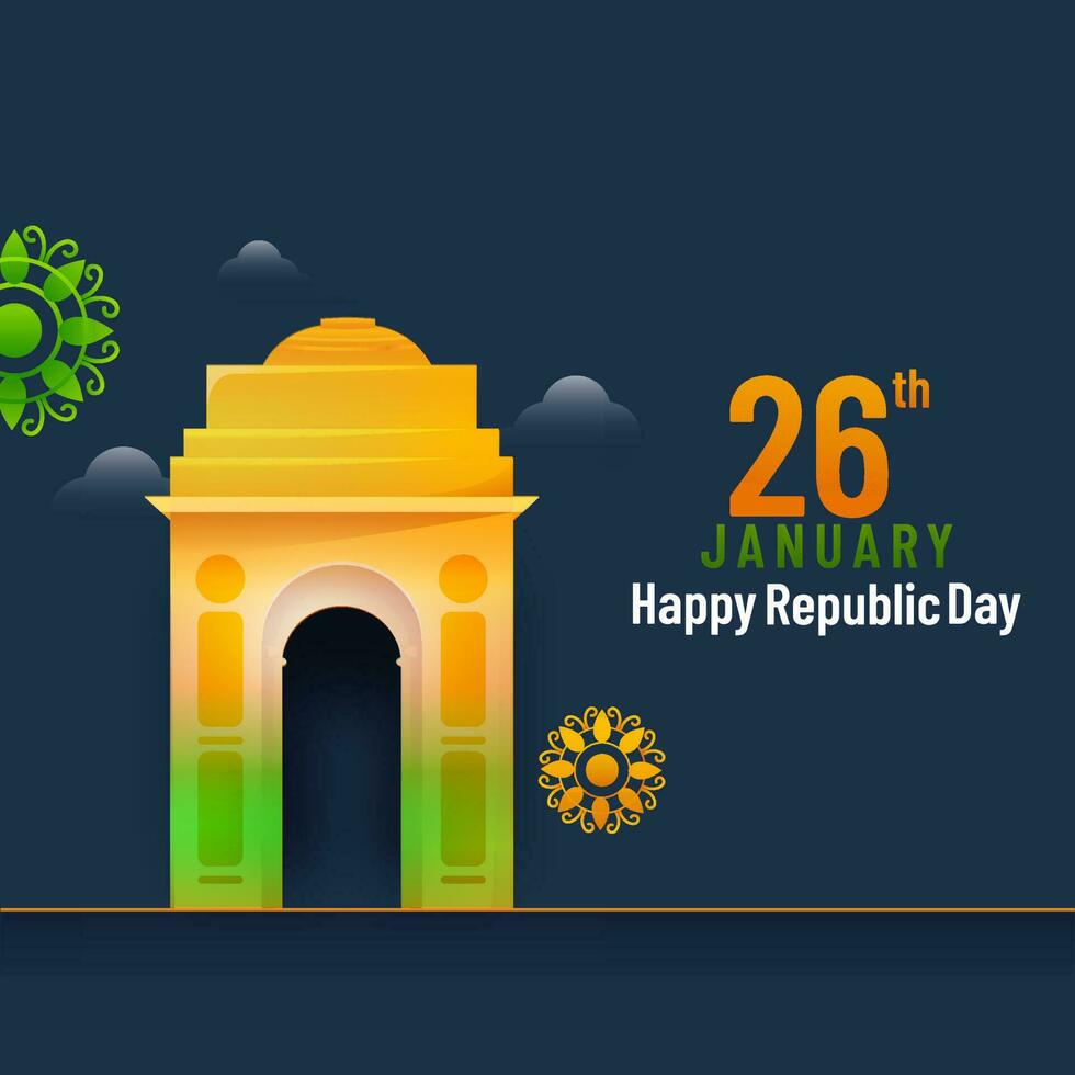 26th January Happy Republic Day Poster Design With Tricolor India Gate And Flowers On Blue Background. vector