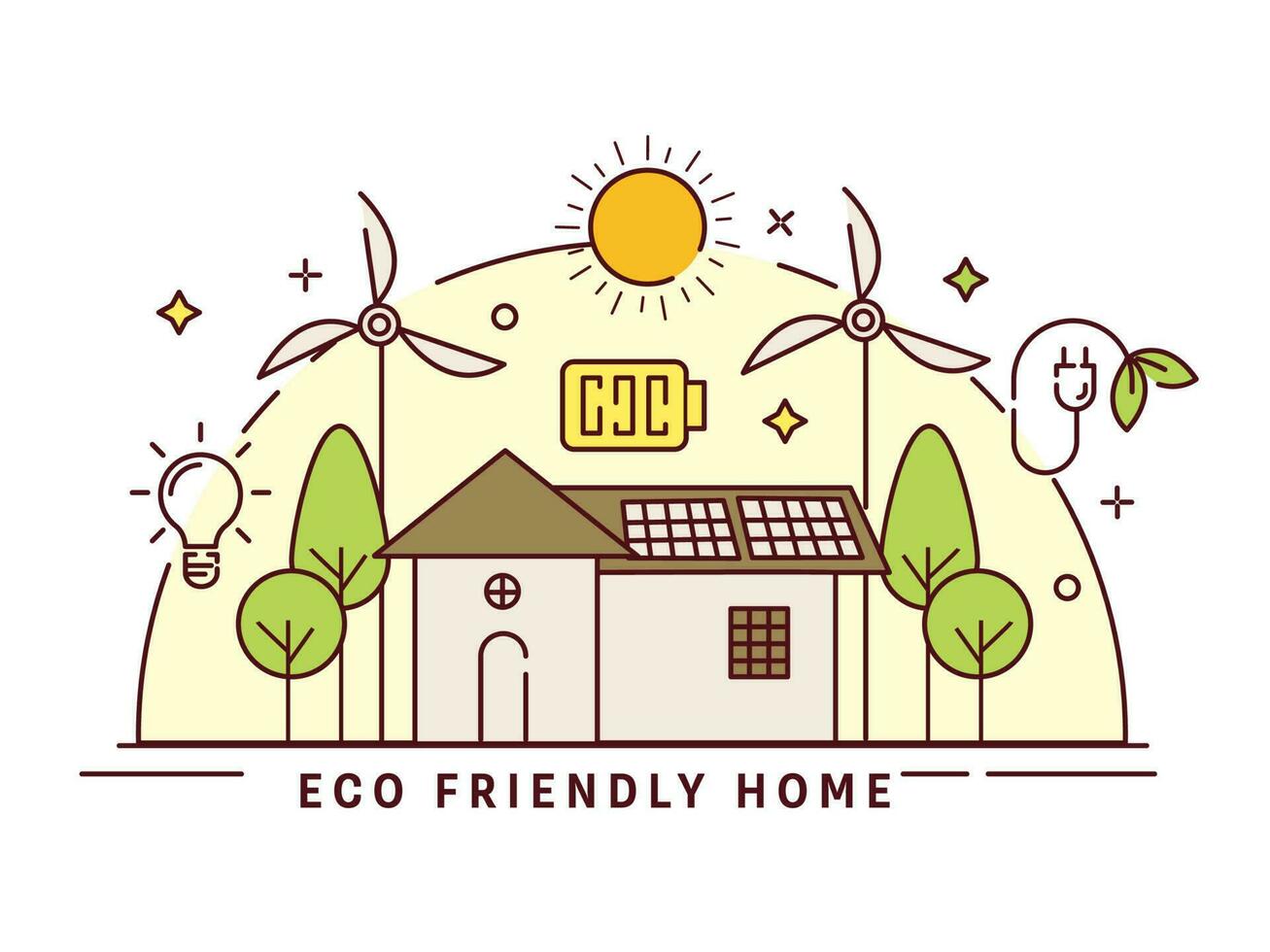 Vector Illustratio Of Eco Friendly Home With Windmill, Light Bulb, Tree And Sunshine On White Background.