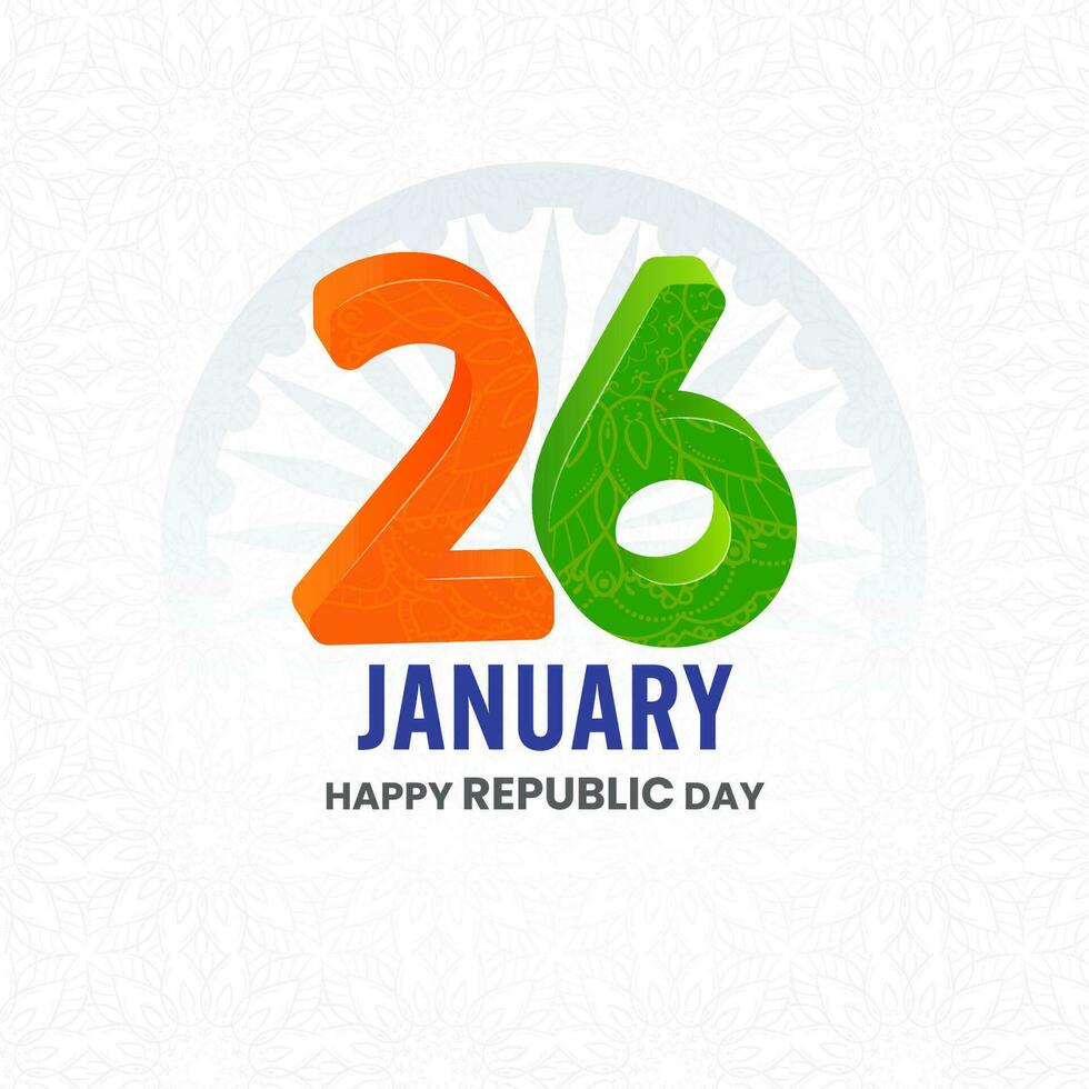 3D 26 Number Of January With Ashoka Wheel On White Mandala Pattern Background For Happy Republic Day Concept. vector