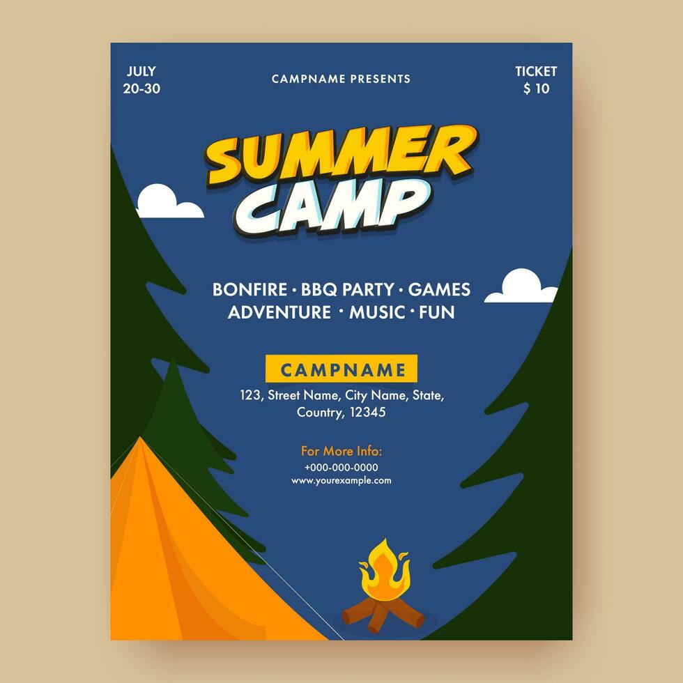 Summer Camp Poster Design With Bonfire, Tent And Tree On Blue Background. vector