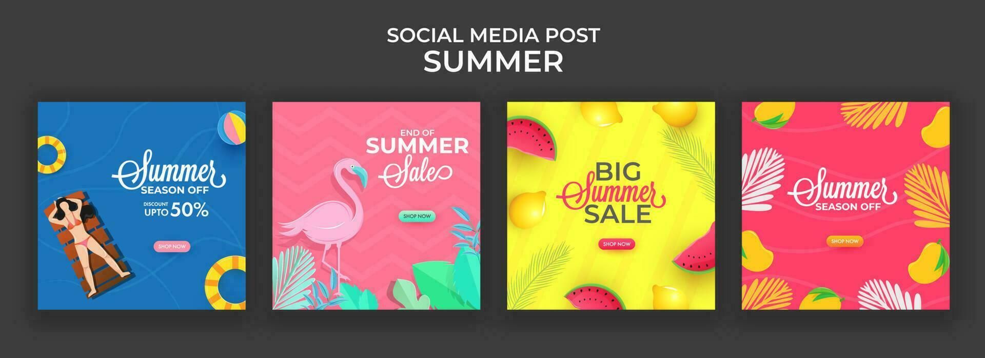 Summer Sale Social Media Post Or Template Design In Four Color Options. vector