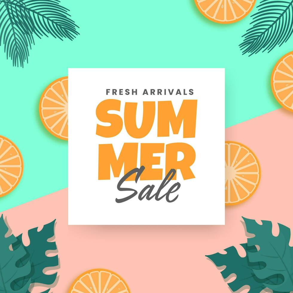 Summer Sale Poster Design Decorated With Lemon Slices, Tropical Leaves On Green And Pink Background. vector
