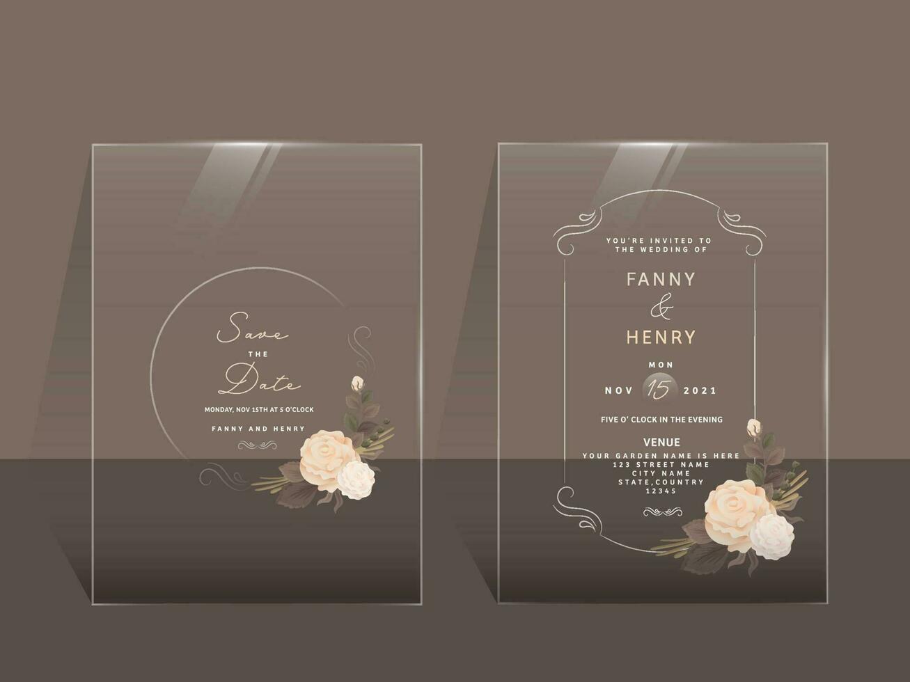 Modern Wedding Invitation Card In Front And Back Side On Brown Background. vector